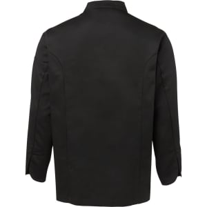 A black long-sleeve chef's jacket featuring a classic design, with a branding logo on the sleeve.