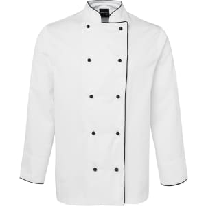 A white chef's jacket featuring black piping and buttons, designed for chefs with long sleeves.