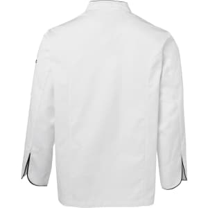 A white chef's jacket with long sleeves, featuring black piping and a logo on the sleeve.