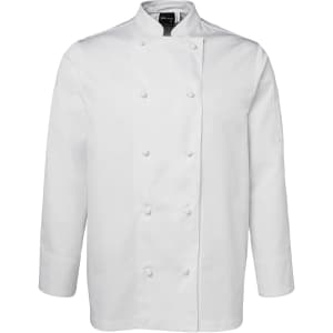 A white long-sleeve chef's jacket with a double-breasted front and a pocket on the sleeve. It features a logo.