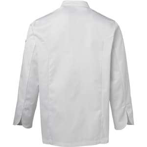 A white chef's jacket with long sleeves and a collar. Features detailed stitching and a logo on the sleeve.