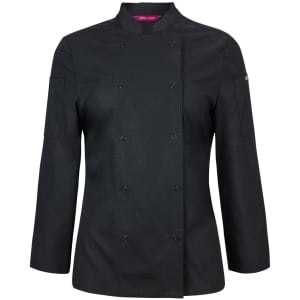 A black long-sleeve chef's jacket featuring snap buttons and a collar, designed for women. Includes a logo on the sleeve.