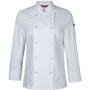 A white long-sleeved chef's jacket with snap buttons and a logo on the sleeve.