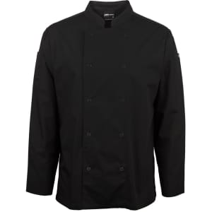 A black long-sleeve chef's jacket with snap buttons and a logo on the sleeve.