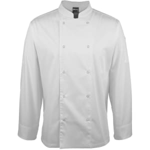 A white long-sleeve snap button chef’s jacket with a collar and logo detail.