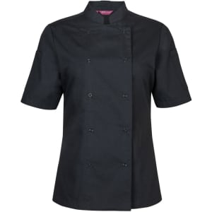 A black ladies short sleeve chefs jacket featuring snap buttons and a collar. Includes a logo on the garment.