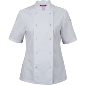 A white short-sleeve chef's jacket with snap button closures and a logo on the sleeve.