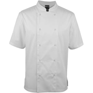 A white short-sleeve chef's jacket featuring snap buttons and a mandarin collar, with a branding logo.