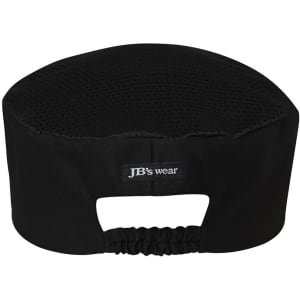 A black chef's vented cap featuring a stretchy back and a logo on the side.