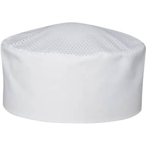 A white chef's vented cap with a textured top and an inner band, featuring a branding logo.