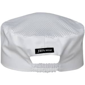 A white chef's vented cap with a mesh back and an elastic adjustment. Features a branded label.