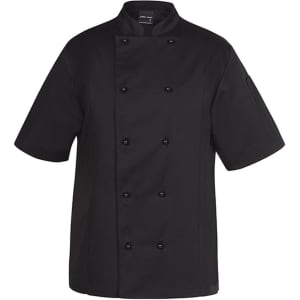 A black chef's jacket with short sleeves and double-breasted buttons, featuring a branded logo.