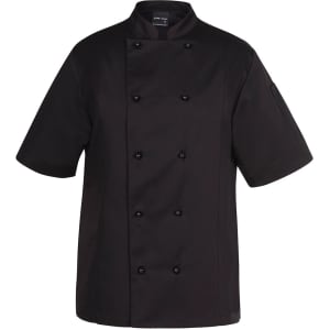 A black chef's jacket with short sleeves and a double-breasted design, featuring a logo on the arm.