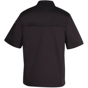 A black vented chef's jacket with short sleeves and a back yoke design. It features a logo on one sleeve.