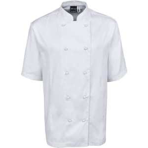 A vented chef's jacket in white, featuring short sleeves and a double-breasted front with buttons, including a logo.
