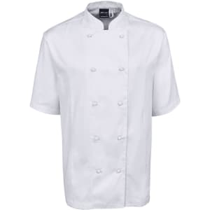 A white short-sleeve chef's jacket featuring a double-breasted design and a logo on the collar.