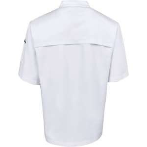 A white short-sleeved chef's jacket with a vented back, featuring a logo on one sleeve.