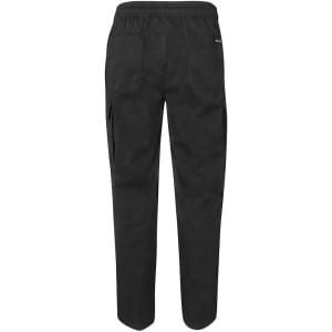 Black elasticated cargo pants with side pockets and a relaxed fit, featuring a logo on the back.