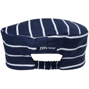 A navy and white striped chef's cap with an elastic band and a logo on the back.