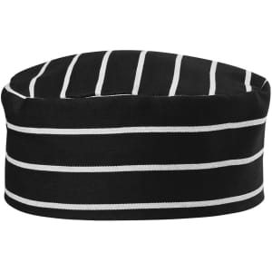 A black chef's cap with white stripes, featuring a round, flat top and a simple design. It has a logo on it.
