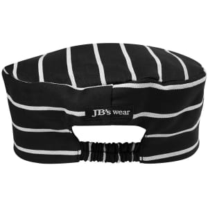 A black and white striped chef's cap with an elastic back and a logo.