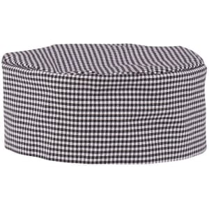 A black and white checked chef's cap with a rounded top. It features a simple design and has a logo.