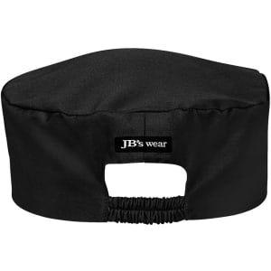 A black chef's cap featuring an elastic band at the back and a brand logo.