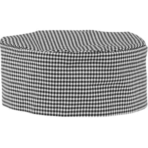 A chef's cap in a black and white checkered pattern, featuring a round design and branded logo.