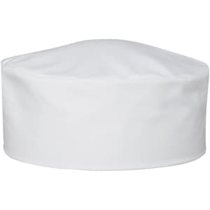 A white chef's cap with a rounded top, featuring a logo on the front.
