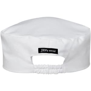 A white chef's cap featuring a logo and an elasticised back for a secure fit.