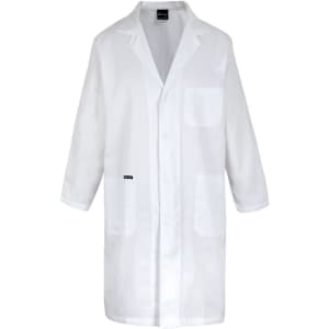 A white lab coat with long sleeves, featuring a pocket and a branded logo.