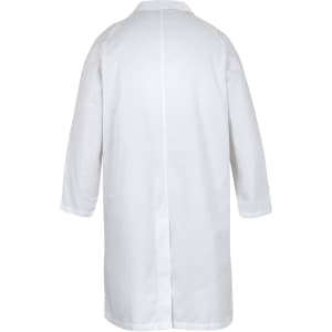 A white dust coat with long sleeves and a back vent, designed for use in food industry settings.