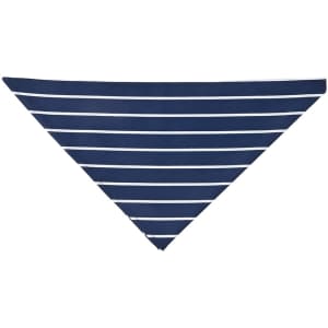 A navy blue and white striped chef's scarf with a triangular shape. It features a logo.