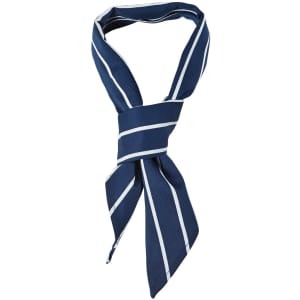 A navy blue scarf with white stripes, featuring a tied design and a logo.