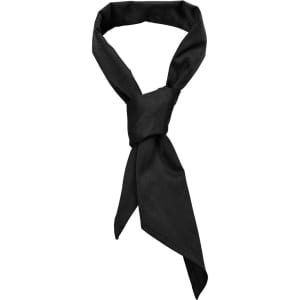 A black chef's scarf with a tied design, suitable for clothing accessories. Features a simple, elegant look.