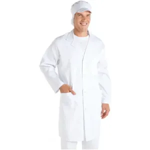 A white lab coat with long sleeves and a matching white cap, worn by a smiling model.