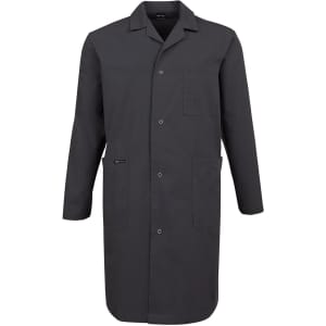 A dark grey lab coat with a collar, buttons, and a chest pocket, featuring a logo on the front.