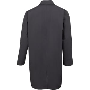 A black lab coat with long sleeves and a collared neckline, featuring a simple, sleek design.