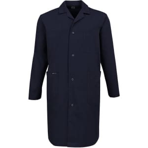 A navy blue lab coat featuring a front button closure, collar, and pockets, with a logo on the side.