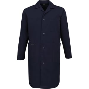 A dark navy lab coat with long sleeves, a button front, and a chest pocket. It features a logo on the side.