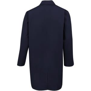 A navy lab coat with long sleeves and a back vent, featuring a collar and branding details.