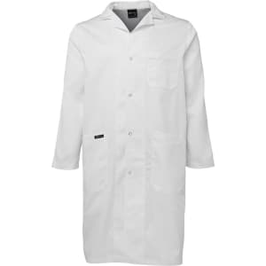 A white lab coat with a collar, long sleeves, and pockets, featuring a logo on the side.