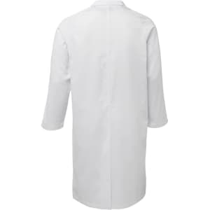 A white lab coat with a back view, featuring long sleeves and a simple design. It has a branding logo visible.