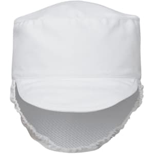 A white chef's hat with a mesh back for ventilation and a curved brim, featuring a logo.