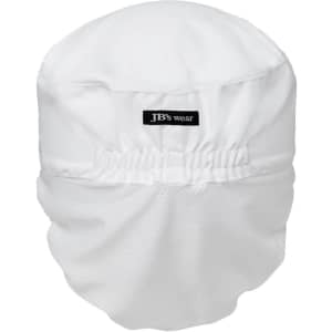 A white chef's food prep hat featuring a gathered elastic band and a logo.