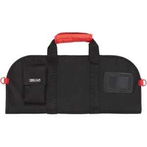 A black and red chef's knife bag with dual handles and a front pocket, featuring a logo.