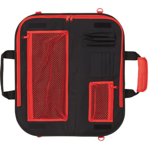 A chef's knife bag in black and red featuring multiple compartments and pockets for storage.