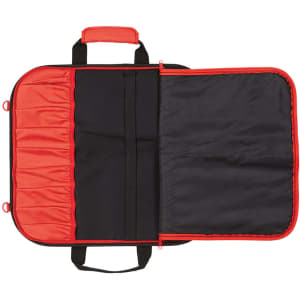 A black and red chef's knife bag, featuring multiple pockets and a zippered compartment, with a handle for carrying.