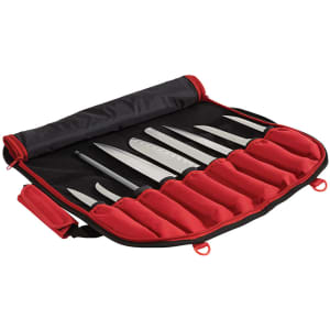 A black and red knife bag contains several steel knives securely stored in individual slots. The bag has a closed design.