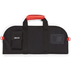 A black and red chef's knife bag with dual handles and a small external pocket. Features a branding logo.